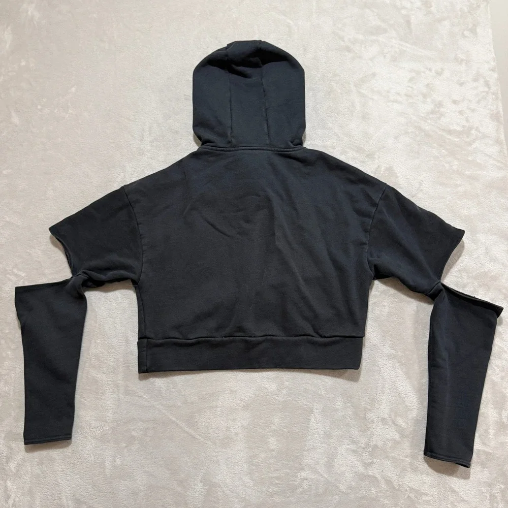 Alo Yoga Peak Cut Out Crop Hoodie Women M Black Cropped Relaxed Fit French Terry